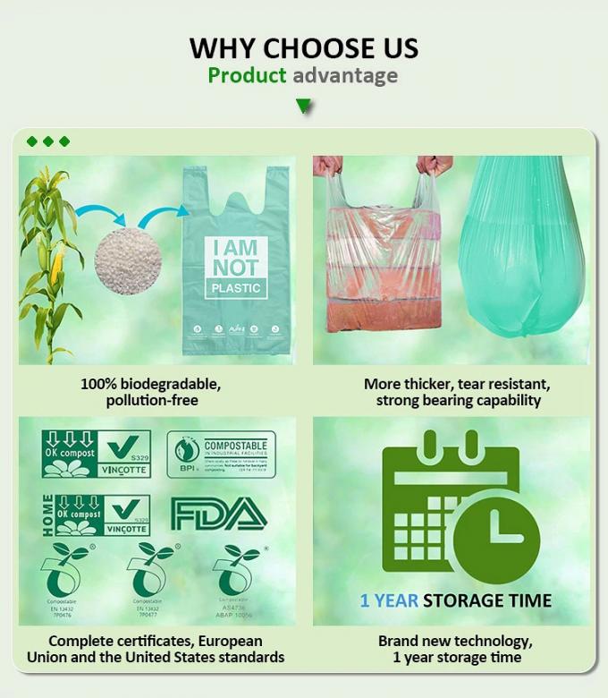 Al por mayor bolsos respetuosos del medio ambiente abonablees biodegradables de la camiseta del Pla Carry Plastic del almidón de maíz del En 13432 del 100% para el supermercado