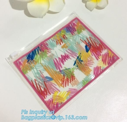 bolso plástico claro impreso coloful de la cremallera de la ejecución del gancho del resbalador del pvc del diseño único, bolso de la cremallera del resbalador con el logotipo de encargo