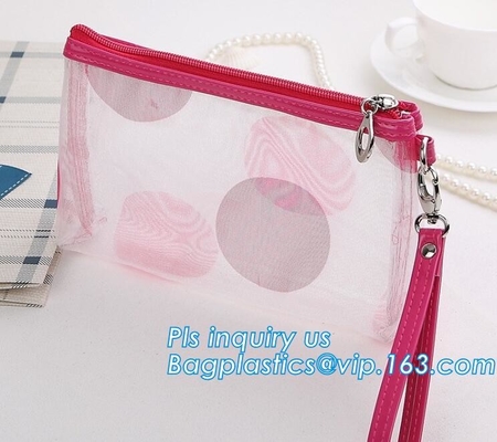 Organizador Mesh Cosmetic Bag Makeup Pouch, bolso cosmético del tamaño del monedero, Mak diario del maquillaje de los accesorios del viaje de la tela neta del bolsillo