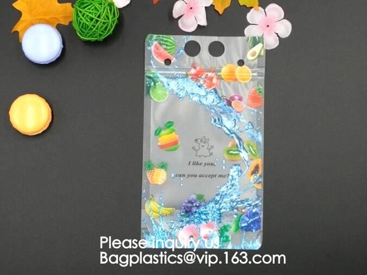 La bolsa de plástico líquida del zumo de fruta con de la paja del levantar el bolso plástico transparente de la cremallera con la paja, bebida disponible b del jugo