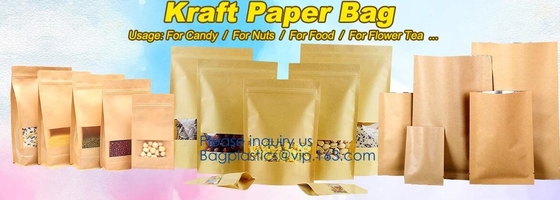 Los bolsos naturales del acondicionamiento de la bolsa de pie inferior plana de papel/de los alimentos de Kraft con la ventana, hoja alinearon sobres de pie del papel de Kraft