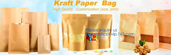 Los bolsos naturales del acondicionamiento de la bolsa de pie inferior plana de papel/de los alimentos de Kraft con la ventana, hoja alinearon sobres de pie del papel de Kraft