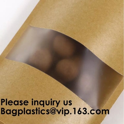 Bolsas de papel de Kraft, bolsas de aislamiento reutilizables de pie de la comida de la cerradura de la cremallera con la muesca transparente de la ventana y del rasgón para almacenar, Co