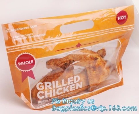 Coloqúese encima de bolsos de empaquetado del pollo asado con la carne asada caliente del cierre superior de cremallera, bolso del pollo del rotisserie, bolso microwaveable, plástico de la diapositiva