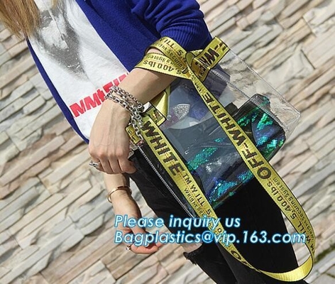 Los bolsos transparentes metálicos al por mayor para el verano, bolsos de los bolsos de la playa del PVC fijaron las bolsas de asas en blanco, paquete, pac