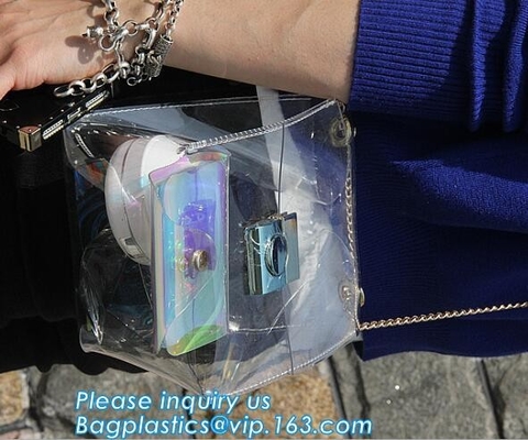 bolso de cadena claro del pvc del hombro para los bolsos de los monederos, bolsos transparentes metálicos de los bolsos de la playa del PVC, CRO (coordinadora) de cadena