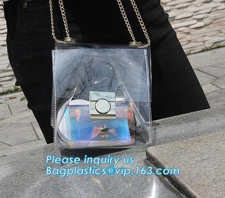bolso de cadena claro del pvc del hombro para los bolsos de los monederos, bolsos transparentes metálicos de los bolsos de la playa del PVC, CRO (coordinadora) de cadena