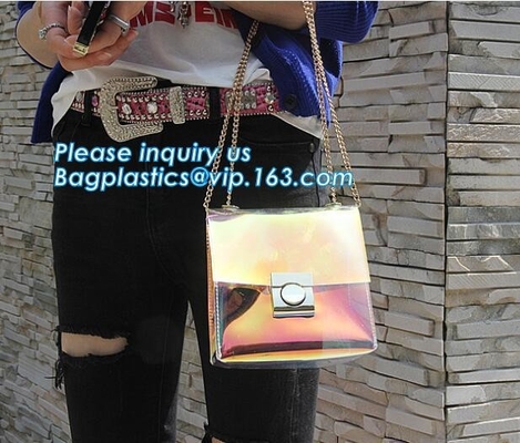 bolso de cadena claro del pvc del hombro para los bolsos de los monederos, bolsos transparentes metálicos de los bolsos de la playa del PVC, CRO (coordinadora) de cadena