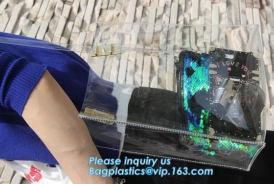 Los bolsos llevan a hombros los bolsos de la playa del PVC del totalizador para las mujeres con la cremallera, bolso transparente del bolso de la bolsa de asas del pvc, Tote Handbag
