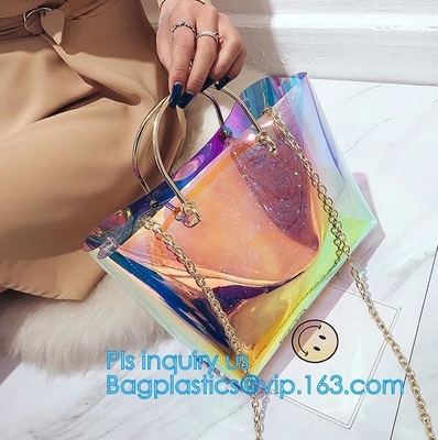 Los bolsos transparentes elegantes del nuevo diseño llevan a hombros los bolsos de la playa del PVC del totalizador para las mujeres, PVC Tote Bag Shoulder Handbag Transparen