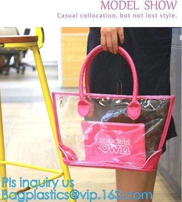 Bolso de totalizador del PVC para el trabajo y escuela, bolso de la manija con la bolsa de asas clara impermeable larga del pvc de la correa de hombro, mujeres del PVC
