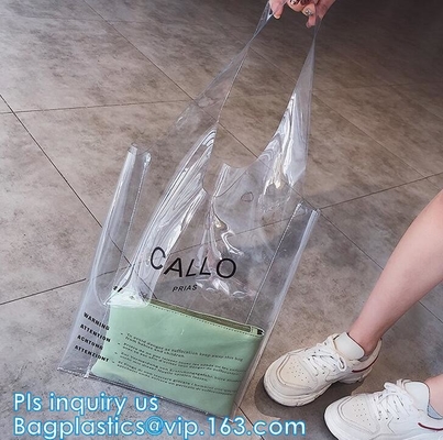 Pvc transparente de encargo Tote Shopping Bag, el bolso de las mujeres que hacen compras reflexivas del pvc, bolso de compras de los harrods del PVC del hockey shinny, pac del regalo