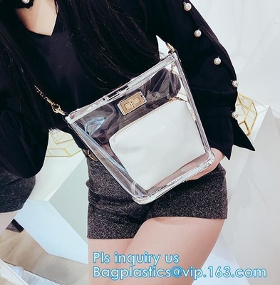 bolso de compras respetuoso del medio ambiente modificado para requisitos particulares del PVC para la promoción, bolso de compras impresas del bolso del PVC del totalizador, tienda del pvc del claro del cierre de la cremallera