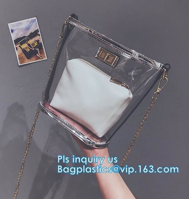 bolso de compras respetuoso del medio ambiente modificado para requisitos particulares del PVC para la promoción, bolso de compras impresas del bolso del PVC del totalizador, tienda del pvc del claro del cierre de la cremallera