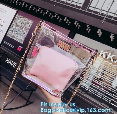 bolso de compras respetuoso del medio ambiente modificado para requisitos particulares del PVC para la promoción, bolso de compras impresas del bolso del PVC del totalizador, tienda del pvc del claro del cierre de la cremallera