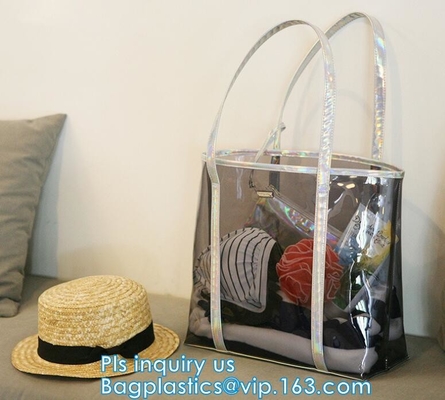 bolso promocional de la manija del PVC, bolsos de la playa del bolsillo, bolsos plásticos diseñados simples de la playa, packi combinado del pvc de la manija del eco