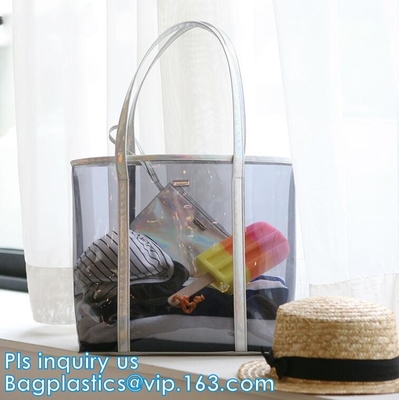 bolso promocional de la manija del PVC, bolsos de la playa del bolsillo, bolsos plásticos diseñados simples de la playa, packi combinado del pvc de la manija del eco