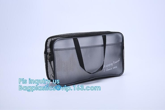 Bolso cosmético con la cremallera, bolso cosmético de la malla de nylon negra del logotipo del bordado del maquillaje de la cremallera neta de la malla con el logotipo de encargo, mujeres M