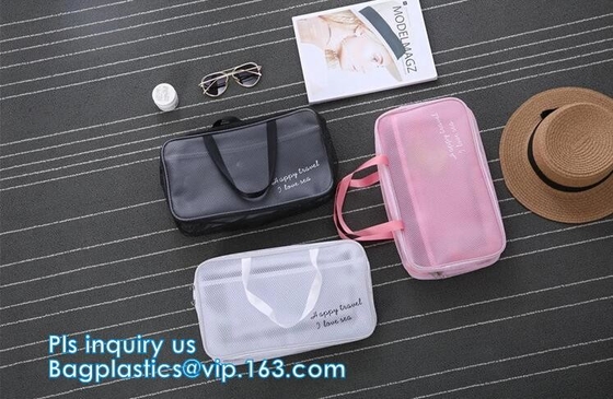 Bolso cosmético con la cremallera, bolso cosmético de la malla de nylon negra del logotipo del bordado del maquillaje de la cremallera neta de la malla con el logotipo de encargo, mujeres M