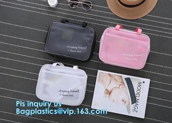 Bolso cosmético con la cremallera, bolso cosmético de la malla de nylon negra del logotipo del bordado del maquillaje de la cremallera neta de la malla con el logotipo de encargo, mujeres M