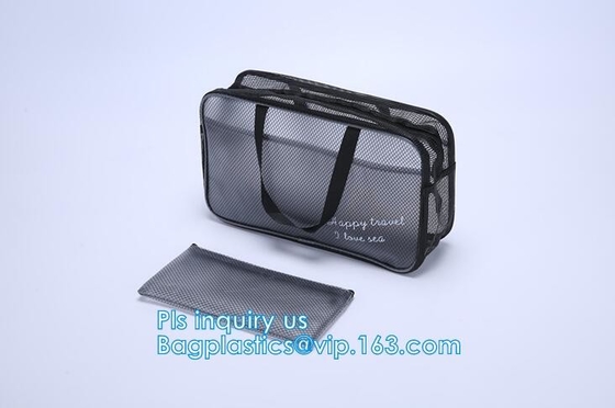 bolso cosmético de 3 PC del poliéster del viaje respirable portátil lavable multiusos de la malla, Mesh Zipper Black Makeup Pouch Cosm