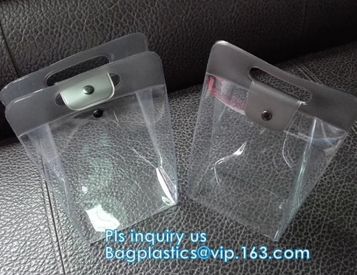 La imagen de encargo de la manija del lazo del PVC del OEM imprimió el bolso que hacía compras plástico, bolso de empaquetado claro de costura del pvc de la manija no tejida, statione