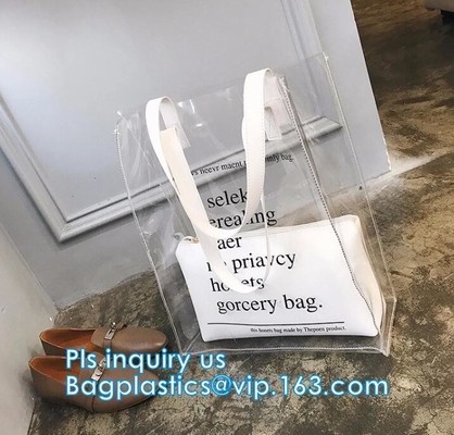 Bolsos suaves reutilizables de la manija del lazo del PVC, bolso combinado amarillo del pvc de la manija del lecho claro largo del pvc, plástico transparente de la manija del PVC