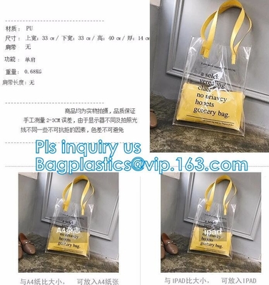 Bolsos suaves reutilizables de la manija del lazo del PVC, bolso combinado amarillo del pvc de la manija del lecho claro largo del pvc, plástico transparente de la manija del PVC