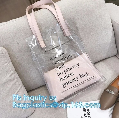 Bolsos suaves reutilizables de la manija del lazo del PVC, bolso combinado amarillo del pvc de la manija del lecho claro largo del pvc, plástico transparente de la manija del PVC