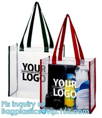 los bolsos claros de la cremallera del pvc del vinilo con las manijas, cosmético claro impermeable del pvc que hace compras manejan la bolsa de plástico con el botón a presión