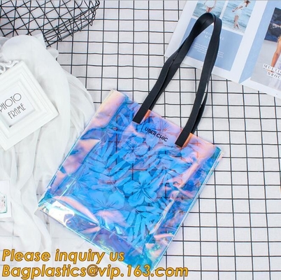 bolso del pvc con el bolso del traje de baño del pvc de la bolsa de asas del plegamiento de la manija, bolsos claros del vinilo con el bolso claro de la cremallera del PVC del sistema del maquillaje de las manijas
