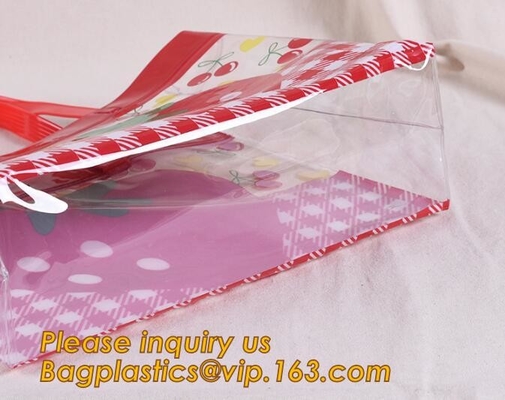 Bolsos del regalo y de compras del precio de fábrica con el bolso modificado para requisitos particulares manijas del pvc, venta al por mayor transparente de encargo del bolso de la manija del caramelo claramente