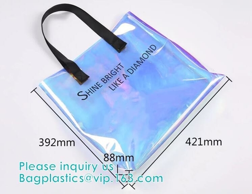 Bolso olográfico de encargo de neón de la playa de la manija del PVC del bolso del PVC Tote Bag del holograma del arco iris, bolsa cosmética del viaje del maquillaje, cremallera