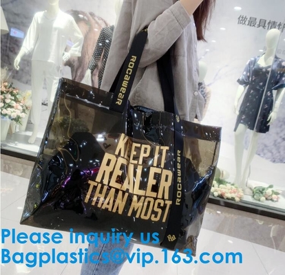 Bolso de compras del PVC del vinilo, bolso Logo Handle Shopping Bag de encargo de Tote Bag Clear Waterproof Beach del hombro