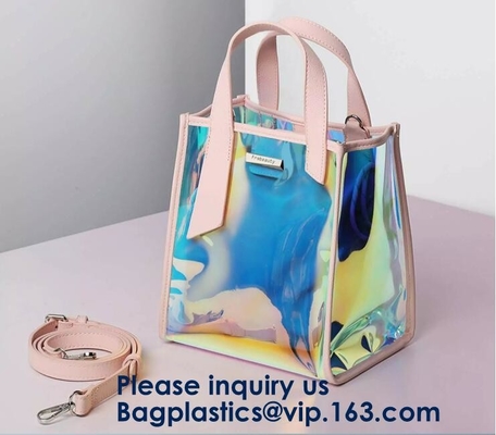 Las mujeres despejan el bolso de embrague cosmético del lavado del viaje del maquillaje del holograma transparente del arco iris, viaje transparente Toiletri del laser de la PU del PVC