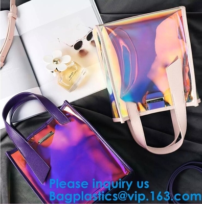 Las mujeres despejan el bolso de embrague cosmético del lavado del viaje del maquillaje del holograma transparente del arco iris, viaje transparente Toiletri del laser de la PU del PVC