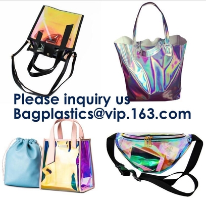Las mujeres despejan el bolso de embrague cosmético del lavado del viaje del maquillaje del holograma transparente del arco iris, viaje transparente Toiletri del laser de la PU del PVC