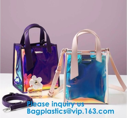 Las mujeres despejan el bolso de embrague cosmético del lavado del viaje del maquillaje del holograma transparente del arco iris, viaje transparente Toiletri del laser de la PU del PVC