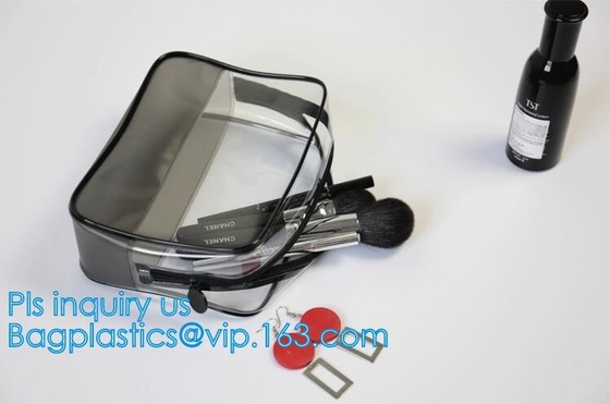 Bolso cosmético del bolso de la bolsa de la cremallera del tenedor del bolso del lavado del viaje del PVC del claro grande del maquillaje, maquillaje plástico transparente del pvc de la cremallera