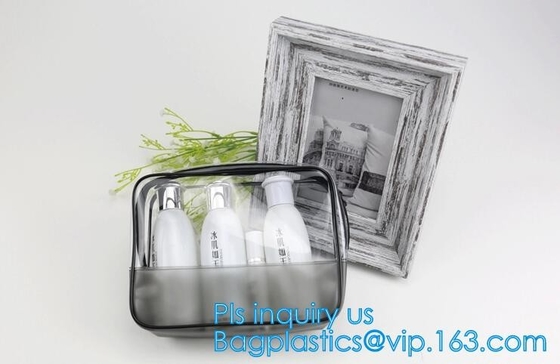 Bolso cosmético del bolso de la bolsa de la cremallera del tenedor del bolso del lavado del viaje del PVC del claro grande del maquillaje, maquillaje plástico transparente del pvc de la cremallera