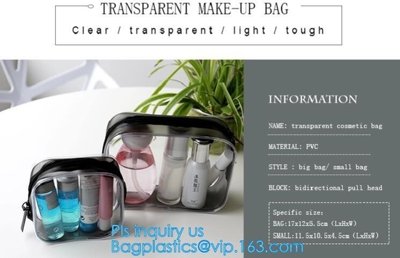 El claro reutilizable de la promoción imprimió almacenamiento que relampagaba transparente que el bolso cosmético del maquillaje del pvc del artículo de tocador para el viaje compone, que dirige