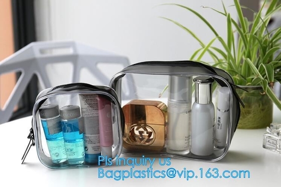 El claro reutilizable de la promoción imprimió almacenamiento que relampagaba transparente que el bolso cosmético del maquillaje del pvc del artículo de tocador para el viaje compone, que dirige