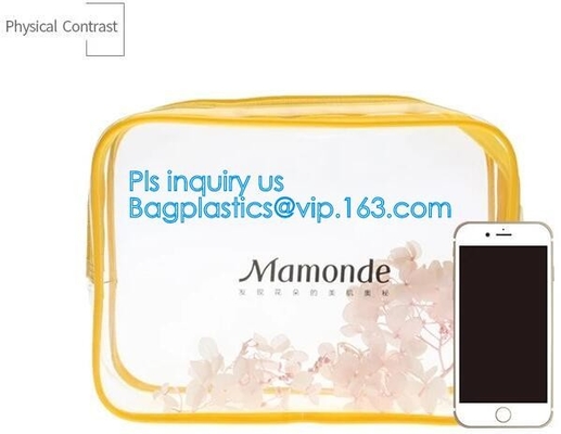 Bolso transparente de moda con la manija de nylon, bolso cosmético de la cremallera del maquillaje del viaje de la ejecución del pvc, organi del maquillaje del PVC del maquillaje del viaje