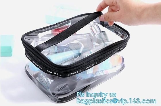 Bolso de empaquetado del viaje cosmético plástico de la cerradura de la cremallera del PVC, soporte del sistema del viaje encima de los bolsos para la agencia con el logotipo de encargo, Pla impermeable