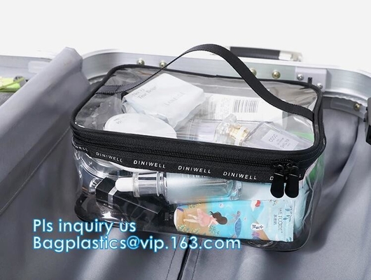 Bolso de empaquetado del viaje cosmético plástico de la cerradura de la cremallera del PVC, soporte del sistema del viaje encima de los bolsos para la agencia con el logotipo de encargo, Pla impermeable