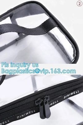 Bolso de empaquetado del viaje cosmético plástico de la cerradura de la cremallera del PVC, soporte del sistema del viaje encima de los bolsos para la agencia con el logotipo de encargo, Pla impermeable