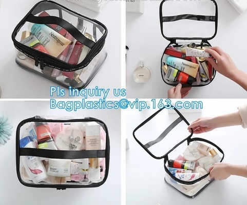 Bolso de empaquetado del viaje cosmético plástico de la cerradura de la cremallera del PVC, soporte del sistema del viaje encima de los bolsos para la agencia con el logotipo de encargo, Pla impermeable