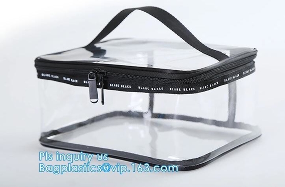 Bolso de empaquetado del viaje cosmético plástico de la cerradura de la cremallera del PVC, soporte del sistema del viaje encima de los bolsos para la agencia con el logotipo de encargo, Pla impermeable