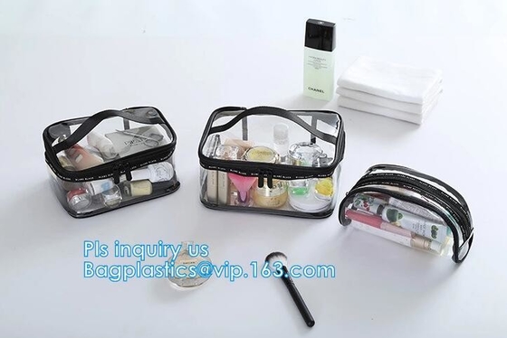 Bolso de empaquetado del viaje cosmético plástico de la cerradura de la cremallera del PVC, soporte del sistema del viaje encima de los bolsos para la agencia con el logotipo de encargo, Pla impermeable