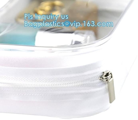 el bolso claro con la cremallera, bolso cosmético transparente de la manija, k del pvc de la manija de la cuerda del logotipo del cusotm compone el bolso del viaje, organiza